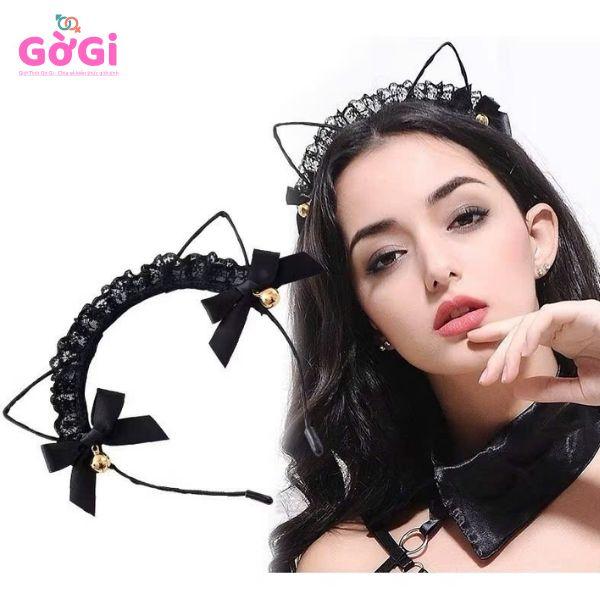 Cài tai mèo ren có nơ chuông mào đen