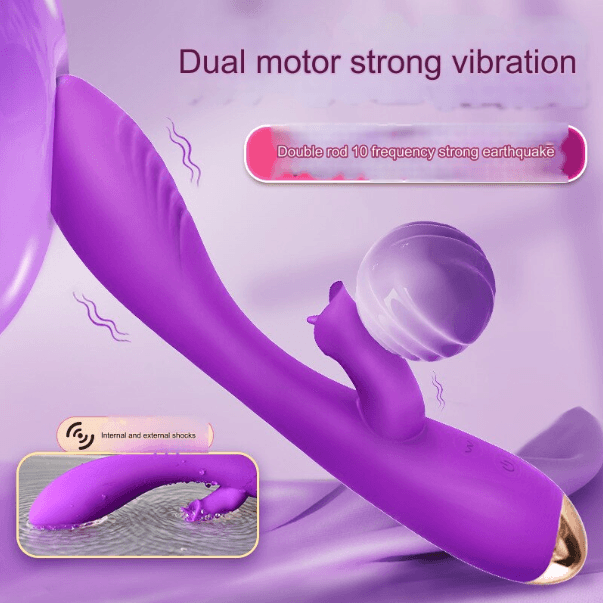 Máy rung đa tần số rung kép và làm ấm kết hợp lưỡi liếm màu tím