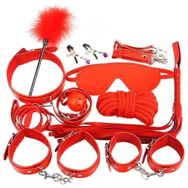 Bộ BDSM 10 Món Da PU Đỏ – Còng Tay Chân, Bịt Mắt, Ball Gag, Dây Trói & Roi BDSM